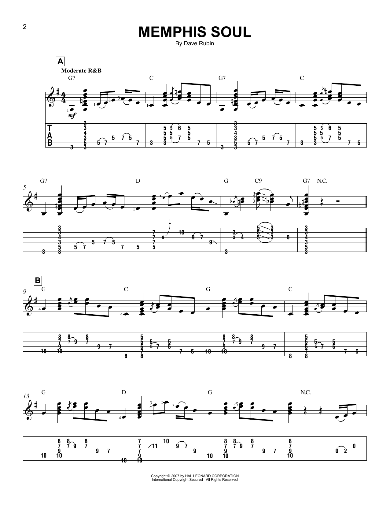 Dave Rubin Memphis Soul Sheet Music Notes & Chords for Easy Guitar Tab - Download or Print PDF