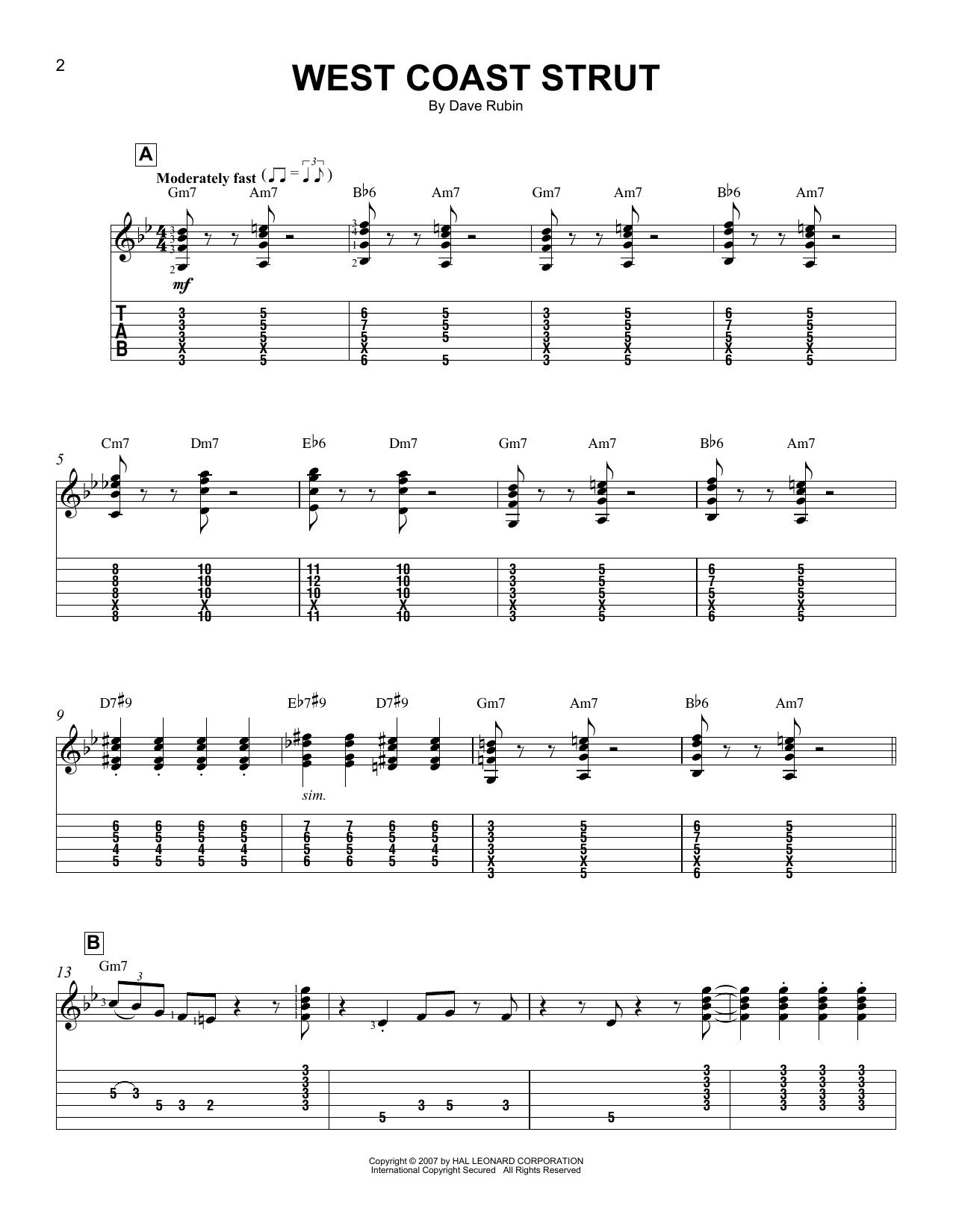 Dave Rubin West Coast Strut Sheet Music Notes & Chords for Easy Guitar Tab - Download or Print PDF