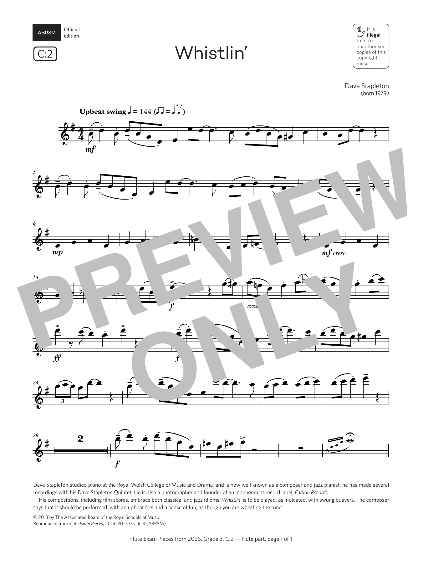 Dave Stapleton Whistlin' (Grade 3, list C2, from the ABRSM Flute Syllabus from 2026) Sheet Music Notes & Chords for Flute Solo - Download or Print PDF Dave Stapleton Whistlin' (Grade 3, list C2, from the ABRSM Flute Syllabus from 2026) Sheet Music Notes & Chords for Flute Solo - Download or Print PDF