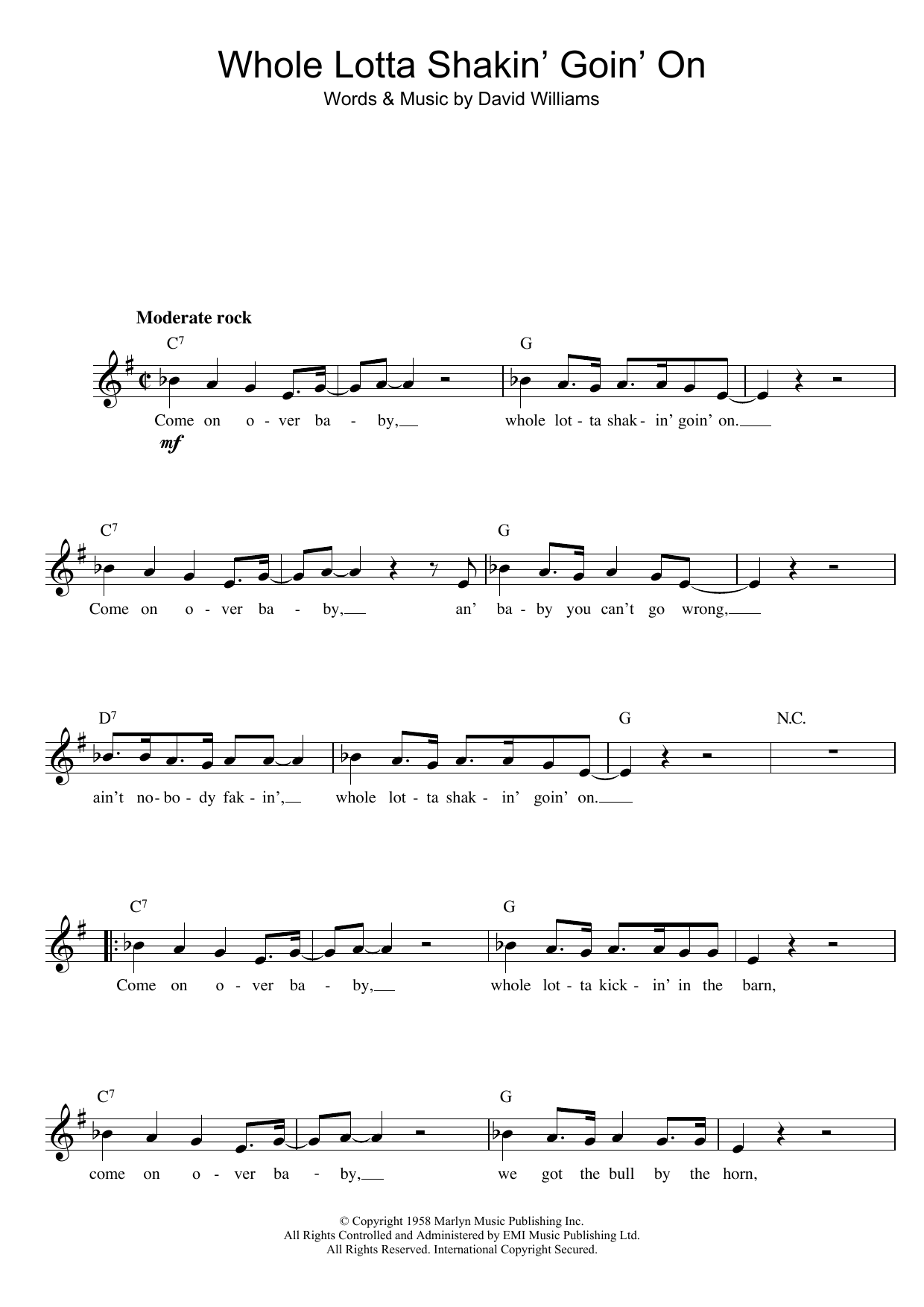 Dave Williams Whole Lotta Shakin' Sheet Music Notes & Chords for Melody Line, Lyrics & Chords - Download or Print PDF