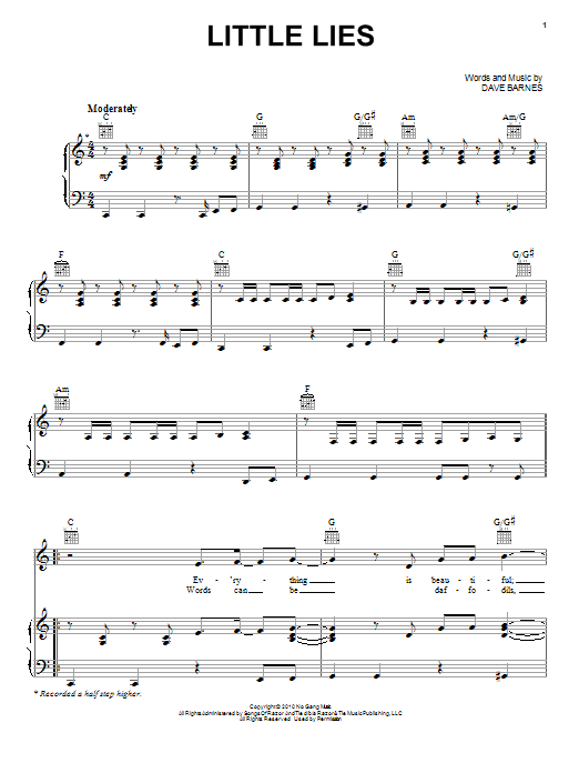 Preview Dave Barnes Little Lies Pop sheet music, notes and chords for Lyrics & Chords, SKU: 94111 Little Lies sheet music