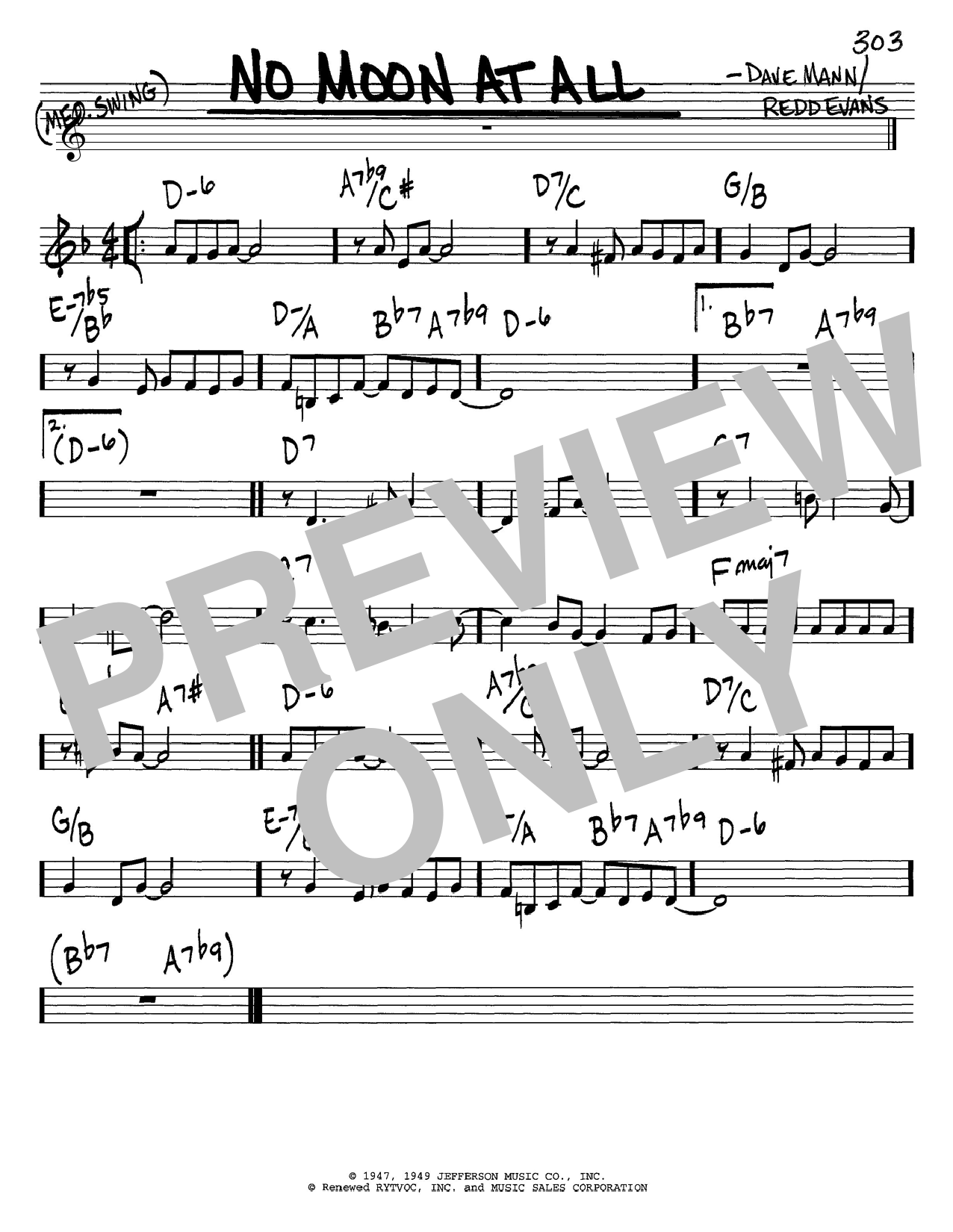 Preview Dave Mann No Moon At All Jazz sheet music, notes and chords for Real Book - Melody & Chords - C Instruments, SKU: 60695 No Moon At All sheet music