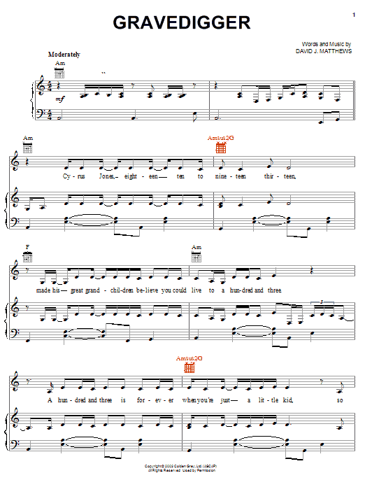 Preview Dave Matthews Gravedigger Rock sheet music, notes and chords for Guitar Tab, SKU: 72463 Gravedigger sheet music