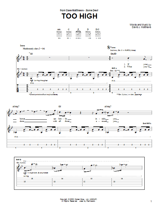 Preview Dave Matthews Too High Rock sheet music, notes and chords for Guitar Tab, SKU: 72451 Too High sheet music