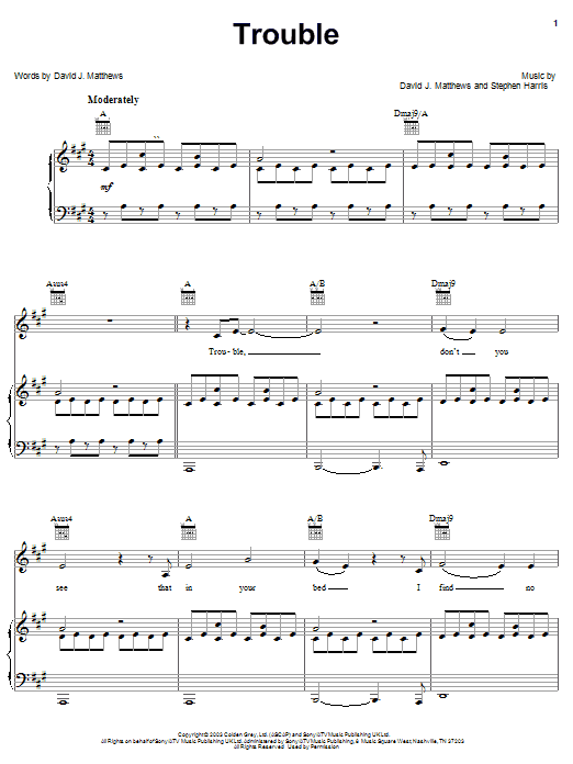 Preview Dave Matthews Trouble Rock sheet music, notes and chords for Piano, Vocal & Guitar (Right-Hand Melody), SKU: 26847 Trouble sheet music