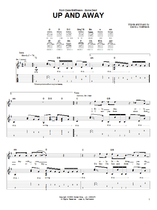Preview Dave Matthews Up and Away Rock sheet music, notes and chords for Piano, Vocal & Guitar (Right-Hand Melody), SKU: 72462 Up and Away sheet music