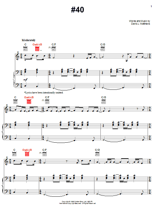 Preview Dave Matthews Band #40 Rock sheet music, notes and chords for Piano, Vocal & Guitar (Right-Hand Melody), SKU: 72437 #40 sheet music