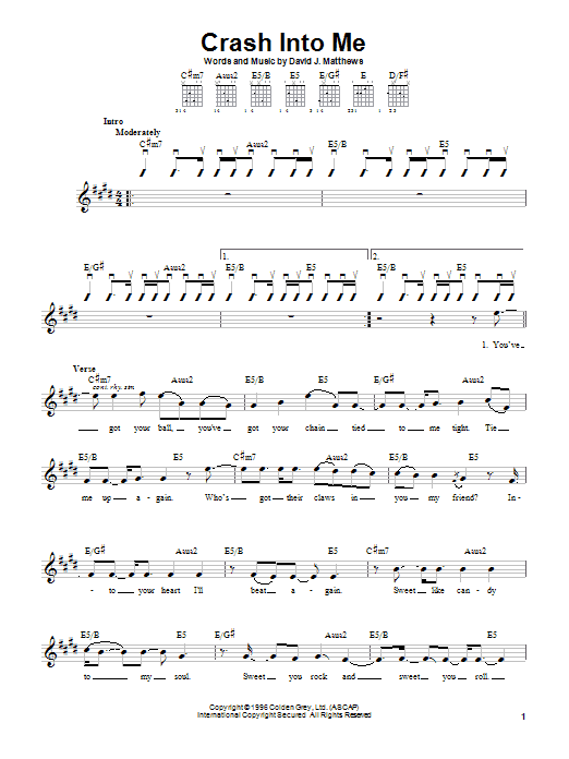 Preview Dave Matthews Band Crash Into Me Rock sheet music, notes and chords for Easy Guitar Tab, SKU: 82308 Crash Into Me sheet music