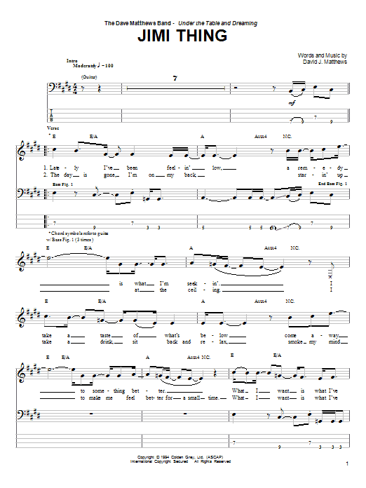 Preview Dave Matthews Band Jimi Thing Rock sheet music, notes and chords for Bass Guitar Tab, SKU: 72424 Jimi Thing sheet music