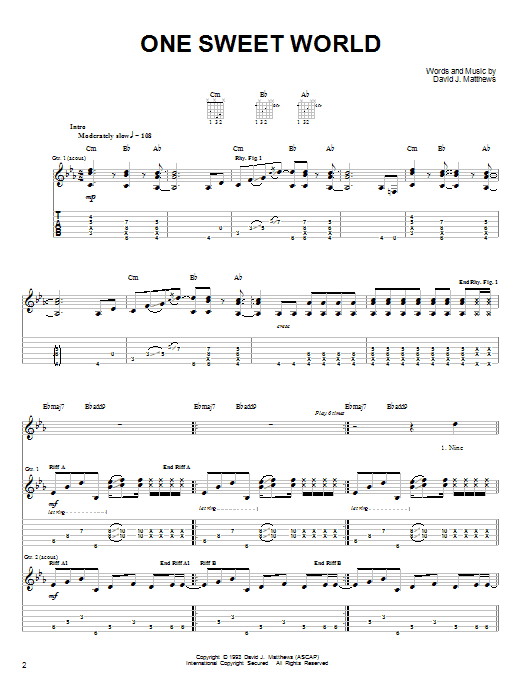 Preview Dave Matthews Band One Sweet World Rock sheet music, notes and chords for Easy Guitar, SKU: 72426 One Sweet World sheet music
