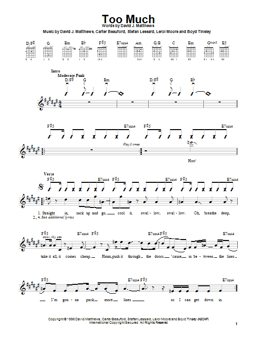 Preview Dave Matthews Band Too Much Rock sheet music, notes and chords for Guitar Tab, SKU: 72433 Too Much sheet music
