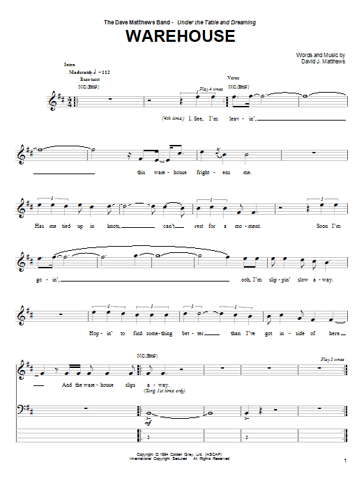 Preview Dave Matthews Band Warehouse Rock sheet music, notes and chords for Bass Guitar Tab, SKU: 72423 Warehouse sheet music