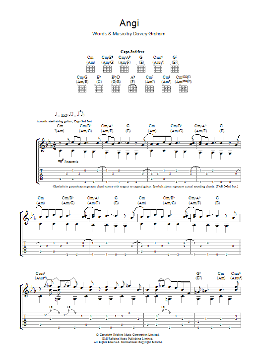 Davey Graham Angi Sheet Music Notes & Chords for Lyrics & Chords - Download or Print PDF