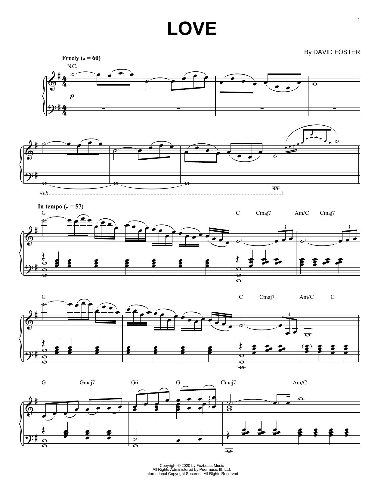 David Foster Love Sheet Music Notes & Chords for Piano Solo - Download or Print PDF