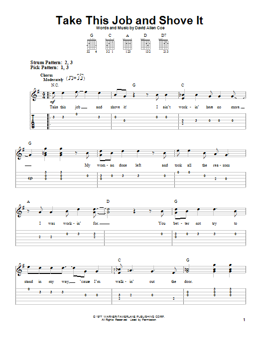 David Allan Coe Take This Job And Shove It Sheet Music Notes & Chords for Easy Guitar Tab - Download or Print PDF