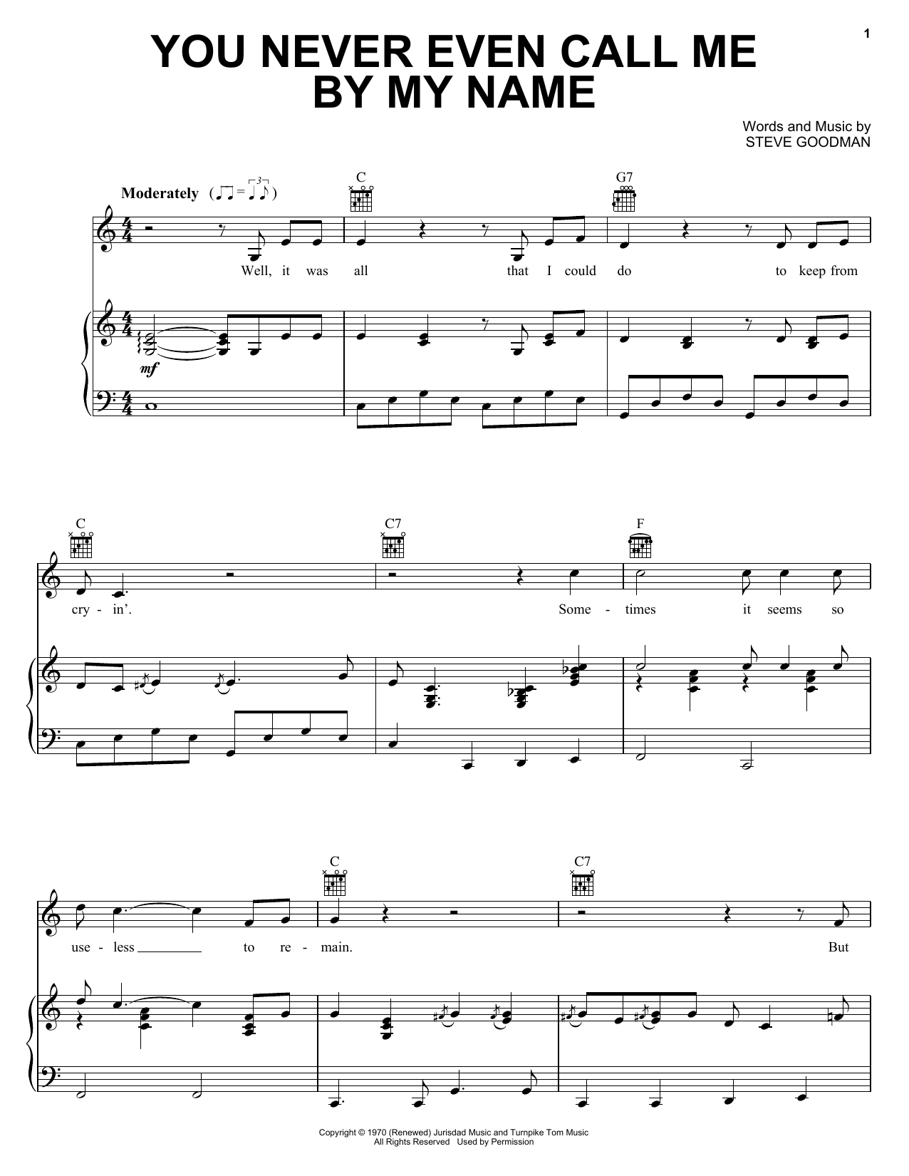 David Allan Coe You Never Even Call Me By My Name Sheet Music Notes & Chords for Piano, Vocal & Guitar (Right-Hand Melody) - Download or Print PDF