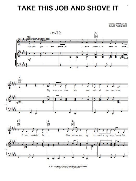 David Allen Coe Take This Job And Shove It Sheet Music Notes & Chords for Piano, Vocal & Guitar (Right-Hand Melody) - Download or Print PDF David Allen Coe Take This Job And Shove It Sheet Music Notes & Chords for Piano, Vocal & Guitar (Right-Hand Melody) - Download or Print PDF