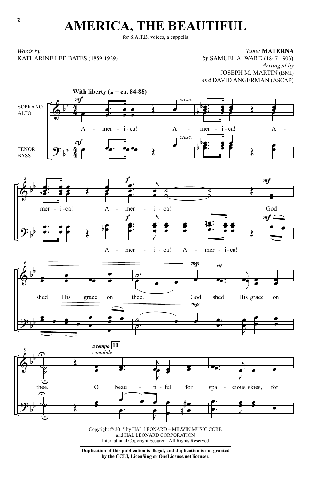 David Angerman America, The Beautiful Sheet Music Notes & Chords for SATB - Download or Print PDF