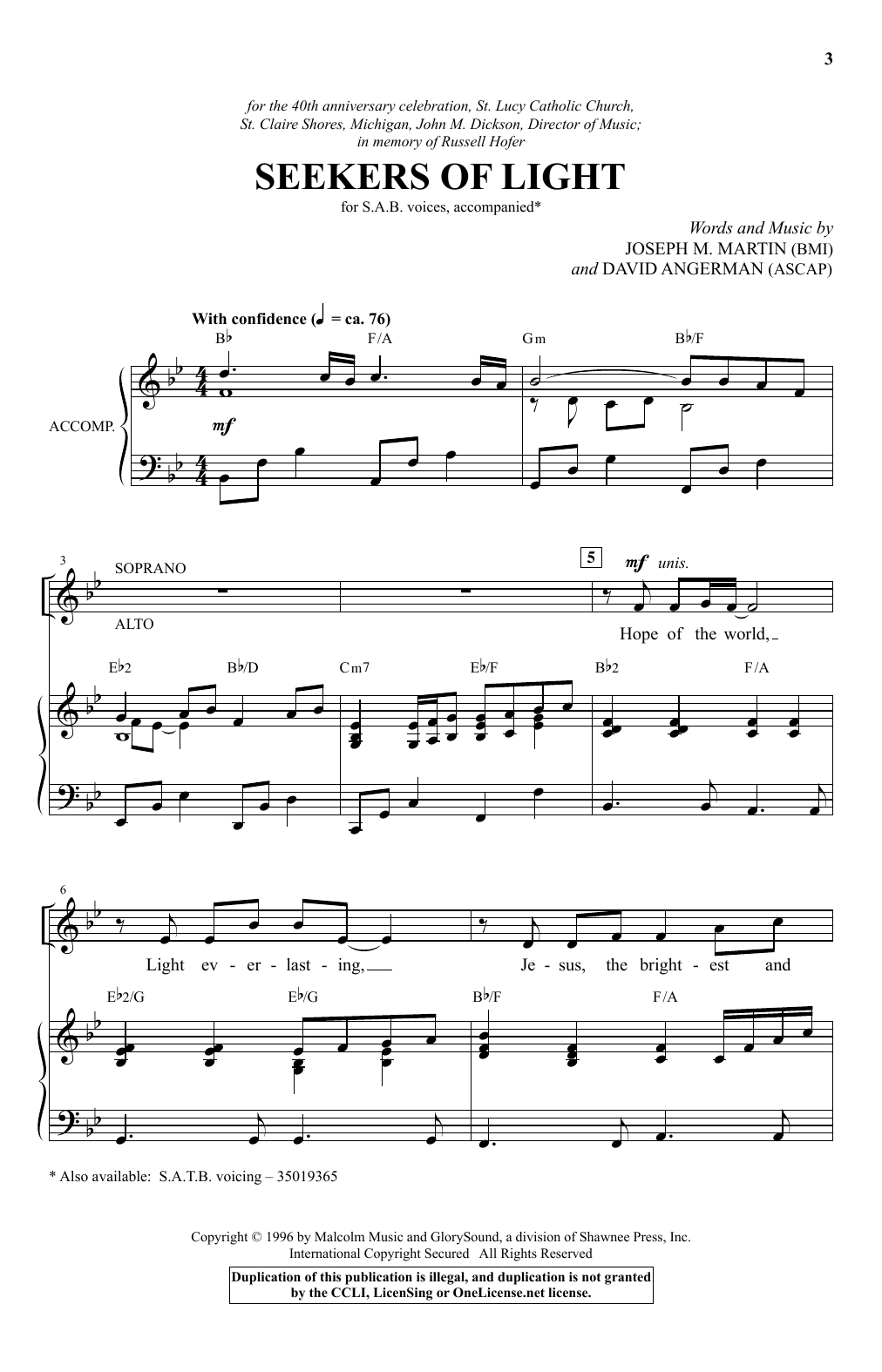David Angerman Seekers Of Light Sheet Music Notes & Chords for SAB - Download or Print PDF