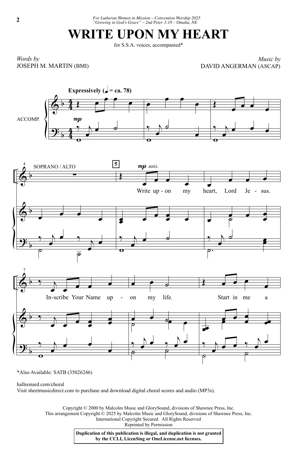 David Angerman Write Upon My Heart Sheet Music Notes & Chords for SSA Choir - Download or Print PDF