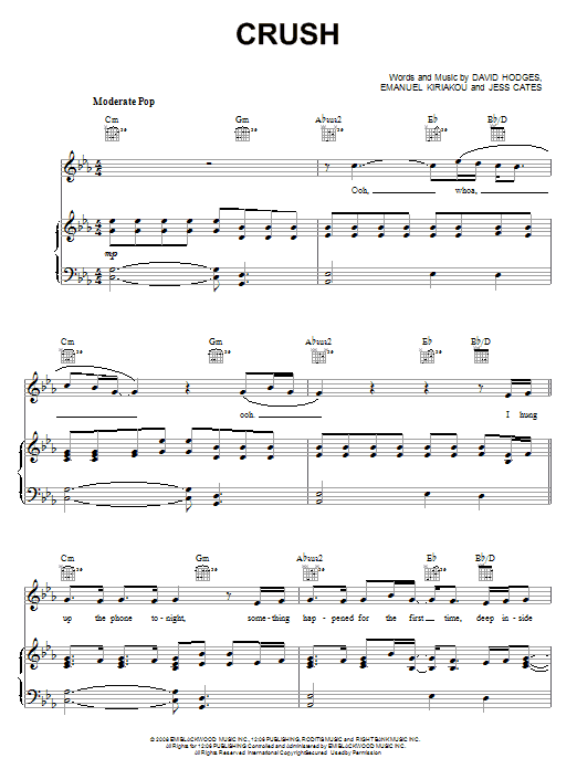David Archuleta Crush Sheet Music Notes & Chords for Piano, Vocal & Guitar (Right-Hand Melody) - Download or Print PDF