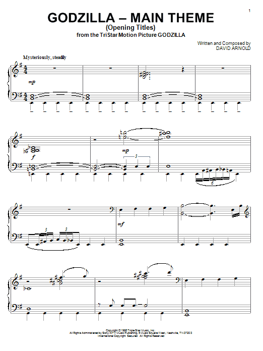 David Arnold Godzilla - Main Theme (Opening Titles) Sheet Music Notes & Chords for Piano - Download or Print PDF