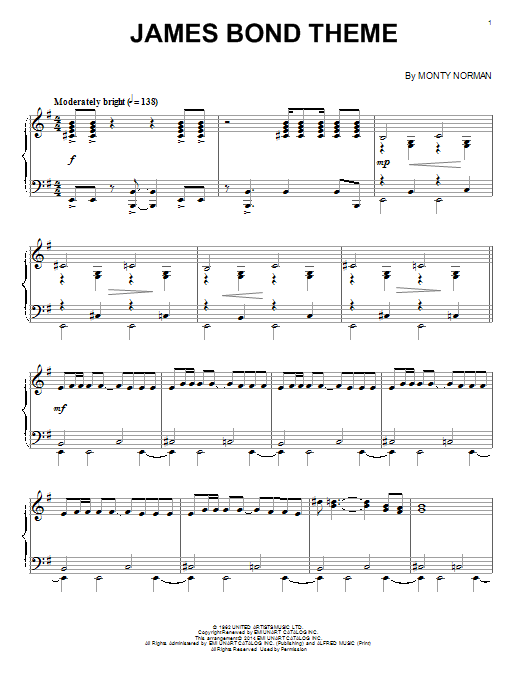 David Arnold James Bond Theme Sheet Music Notes & Chords for Piano - Download or Print PDF