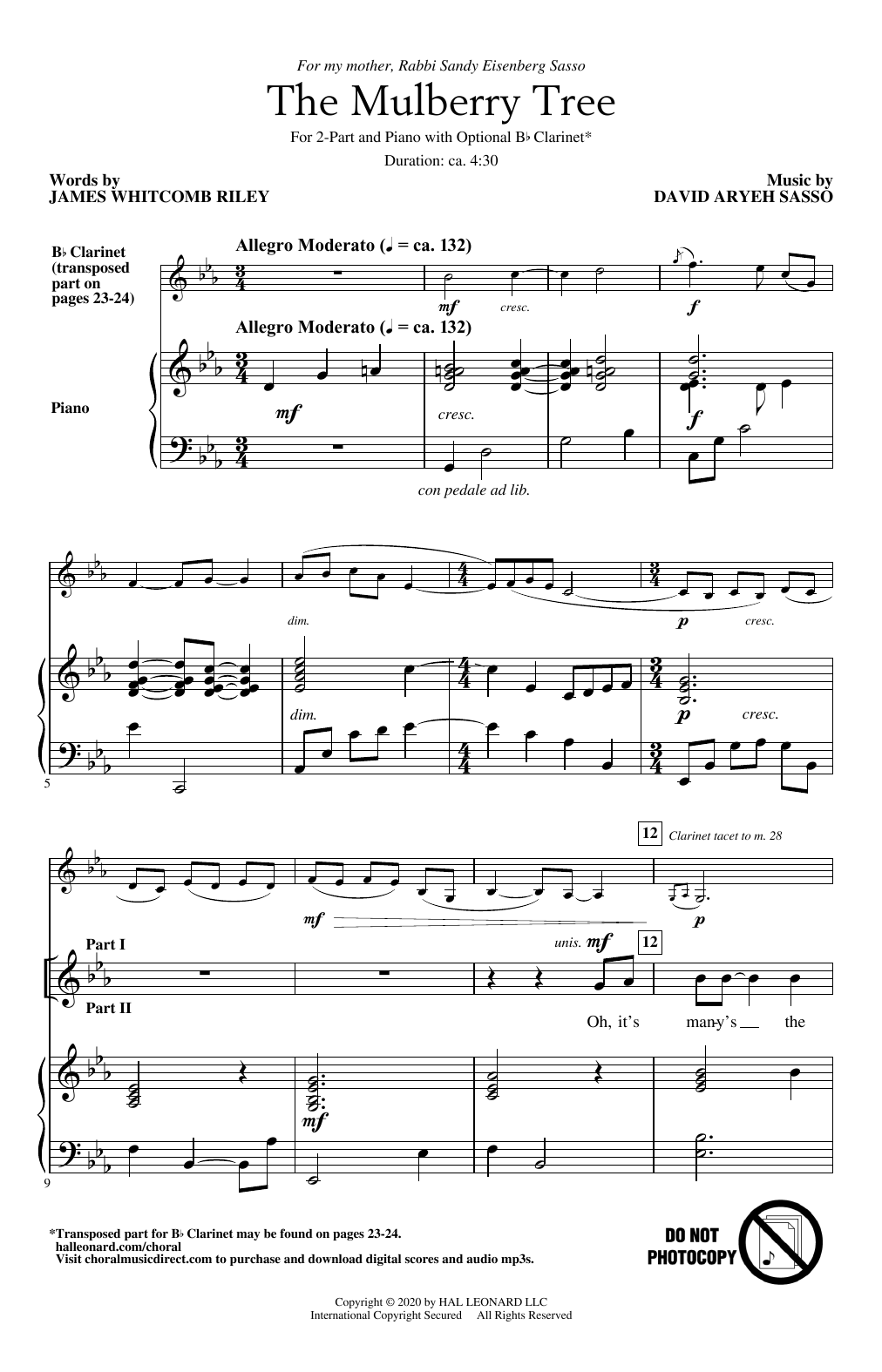 David Aryeh Sasso The Mulberry Tree Sheet Music Notes & Chords for 2-Part Choir - Download or Print PDF