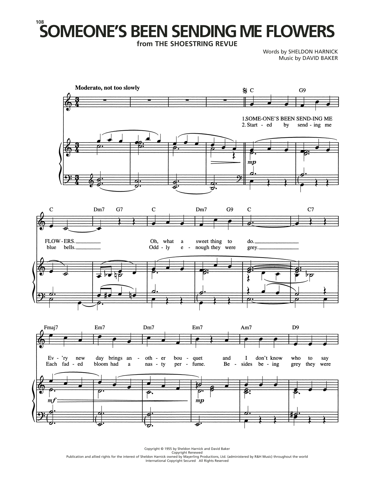 David Baker Someone's Been Sending Me Flowers (from Shoestring Revue) Sheet Music Notes & Chords for Piano, Vocal & Guitar Chords (Right-Hand Melody) - Download or Print PDF David Baker Someone's Been Sending Me Flowers (from Shoestring Revue) Sheet Music Notes & Chords for Piano, Vocal & Guitar Chords (Right-Hand Melody) - Download or Print PDF