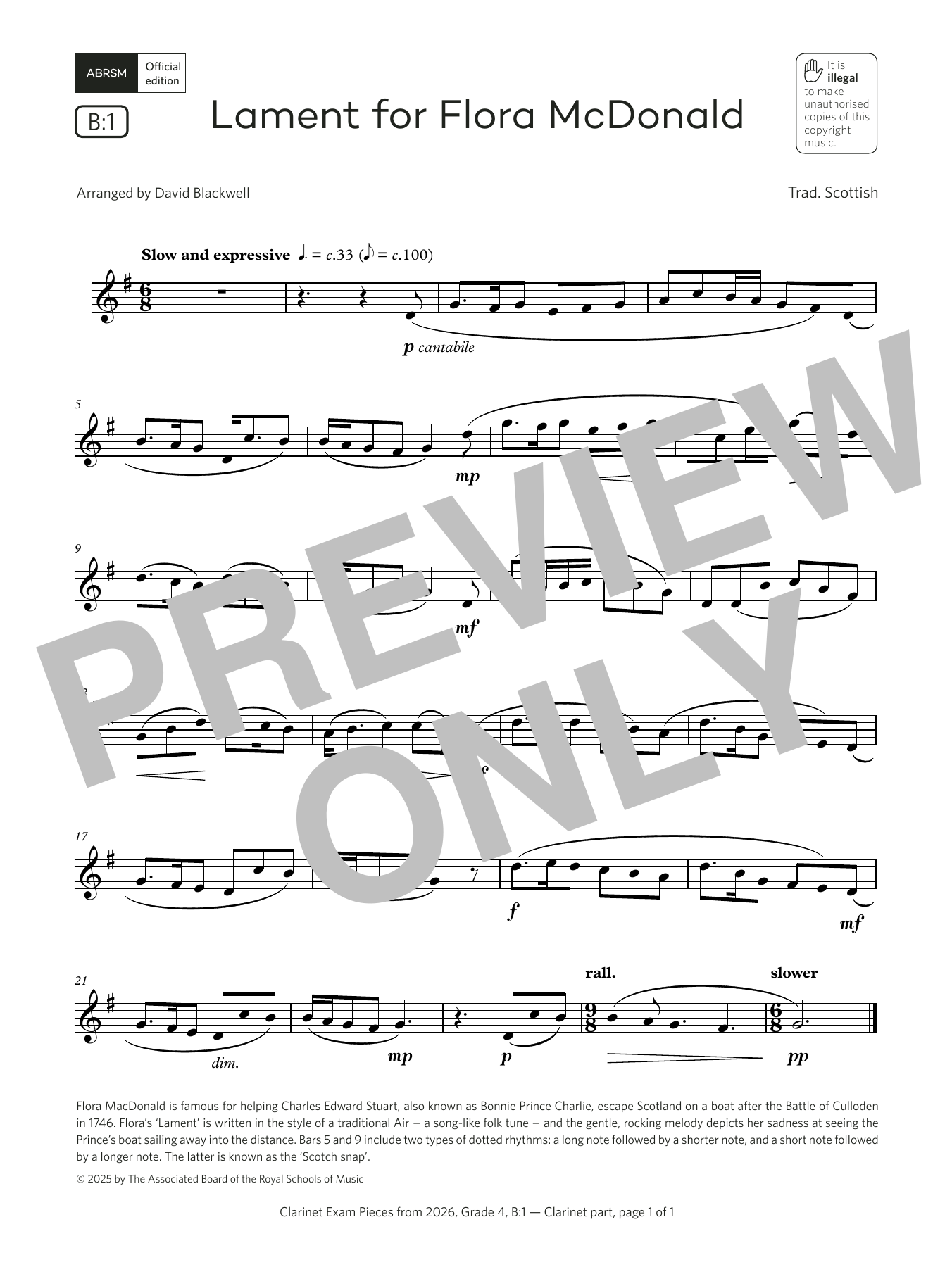 David Blackwell Lament for Flora McDonald (Grade 4, list B1, from the ABRSM Clarinet Syllabus from 2026) Sheet Music Notes & Chords for Clarinet Solo - Download or Print PDF David Blackwell Lament for Flora McDonald (Grade 4, list B1, from the ABRSM Clarinet Syllabus from 2026) Sheet Music Notes & Chords for Clarinet Solo - Download or Print PDF