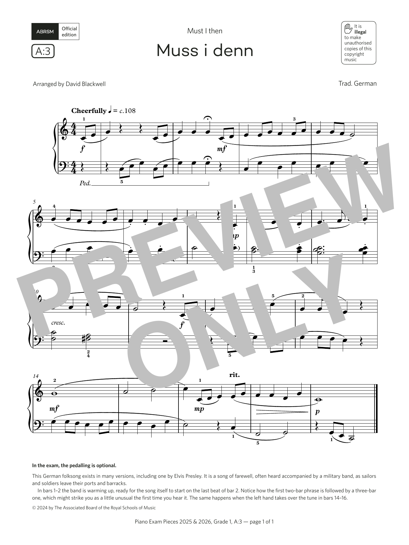 David Blackwell Muss i denn (Grade 1, list A3, from the ABRSM Piano Syllabus 2025 & 2026) Sheet Music Notes & Chords for Piano Solo - Download or Print PDF