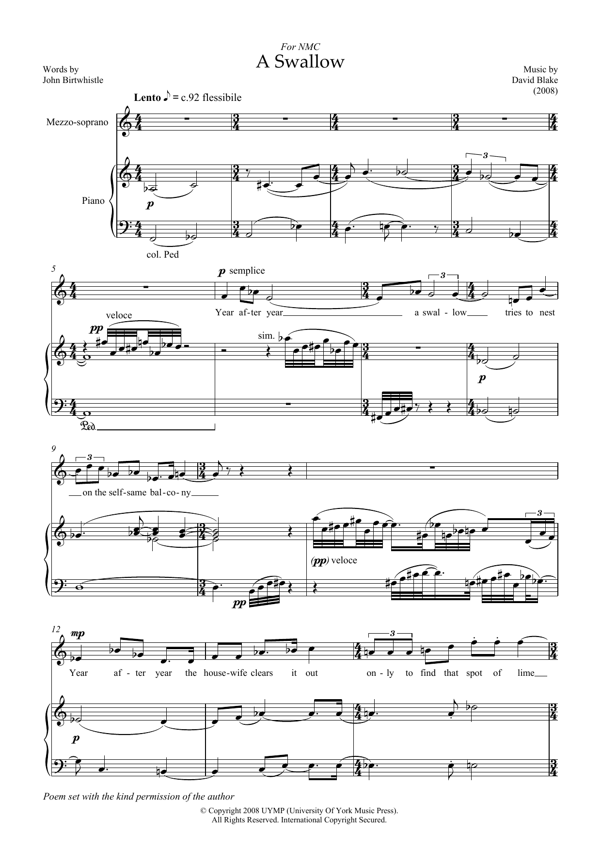 David Blake A Swallow (for mezzo-soprano and piano) Sheet Music Notes & Chords for Piano & Vocal - Download or Print PDF