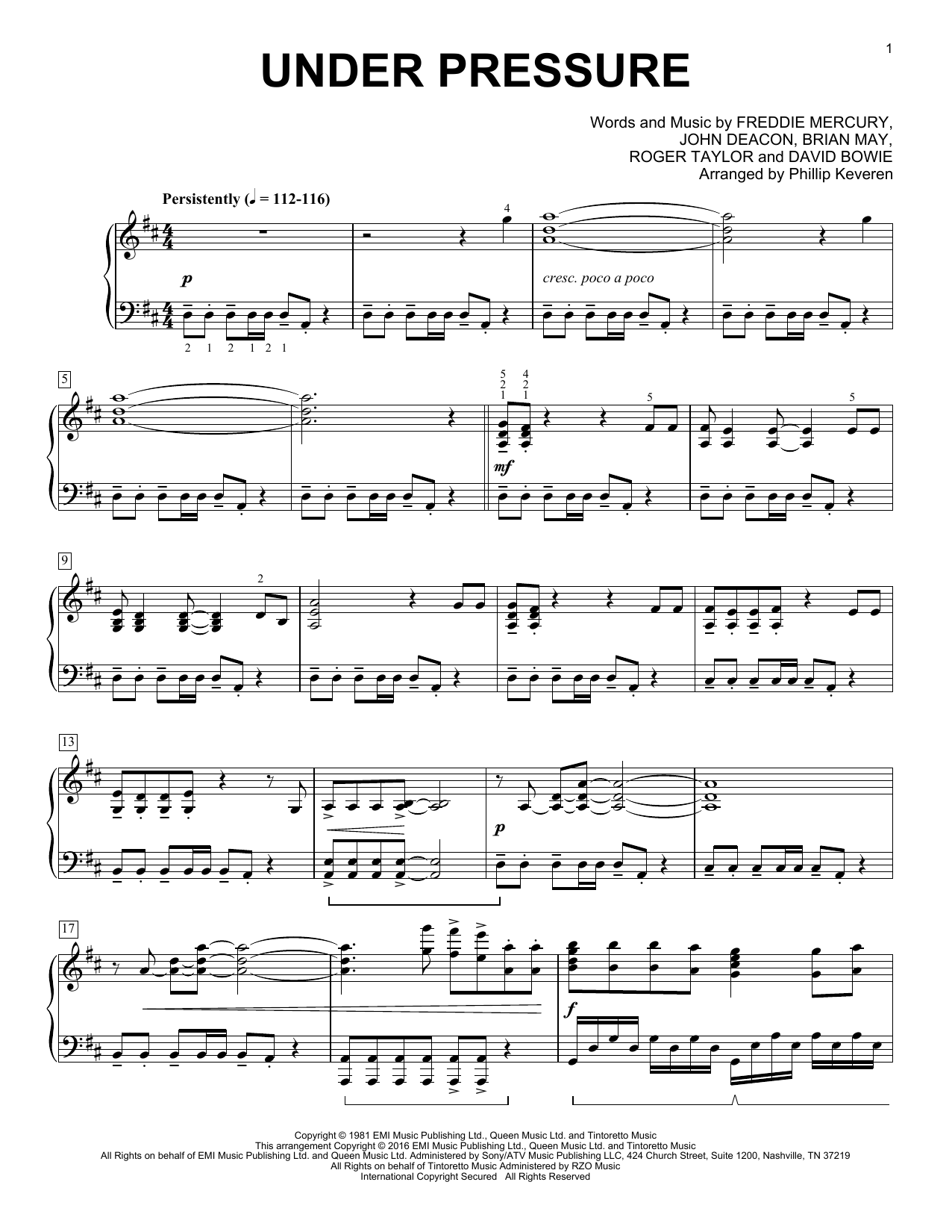 David Bowie & Queen Under Pressure [Classical version] (arr. Phillip Keveren) Sheet Music Notes & Chords for Piano - Download or Print PDF