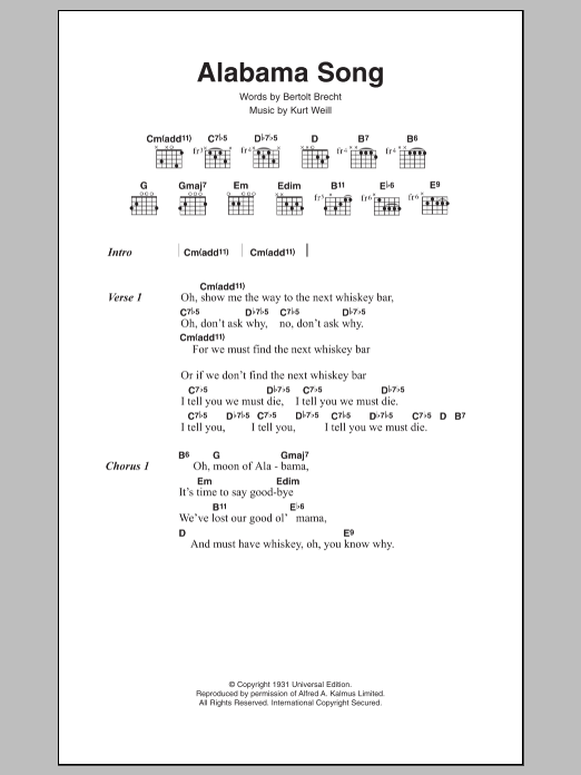 David Bowie Alabama Song Sheet Music Notes & Chords for Lyrics & Chords - Download or Print PDF David Bowie Alabama Song Sheet Music Notes & Chords for Lyrics & Chords - Download or Print PDF