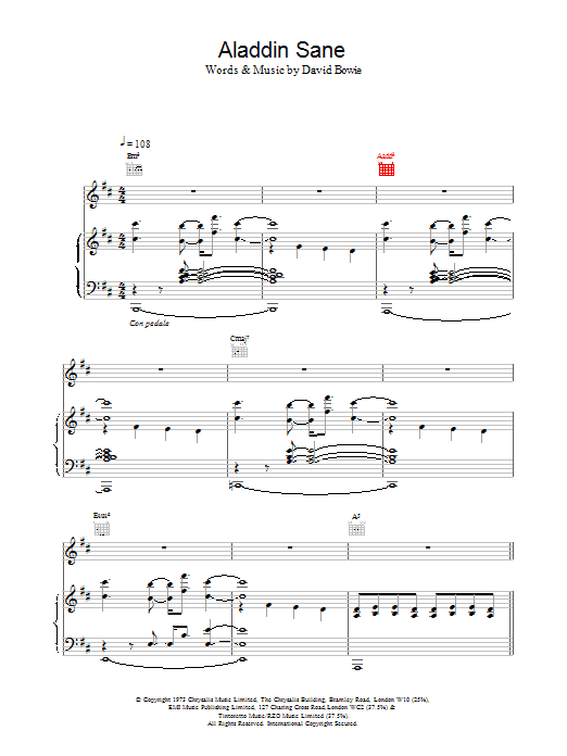 David Bowie Aladdin Sane Sheet Music Notes & Chords for Lyrics & Chords - Download or Print PDF