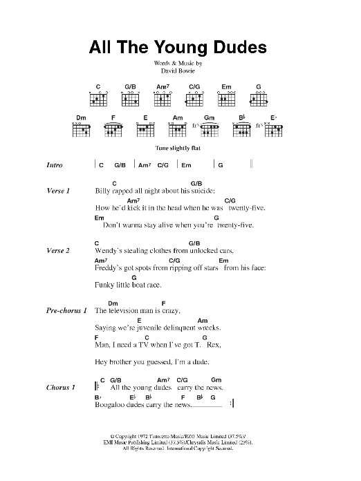 David Bowie All The Young Dudes Sheet Music Notes & Chords for Guitar Chords/Lyrics - Download or Print PDF