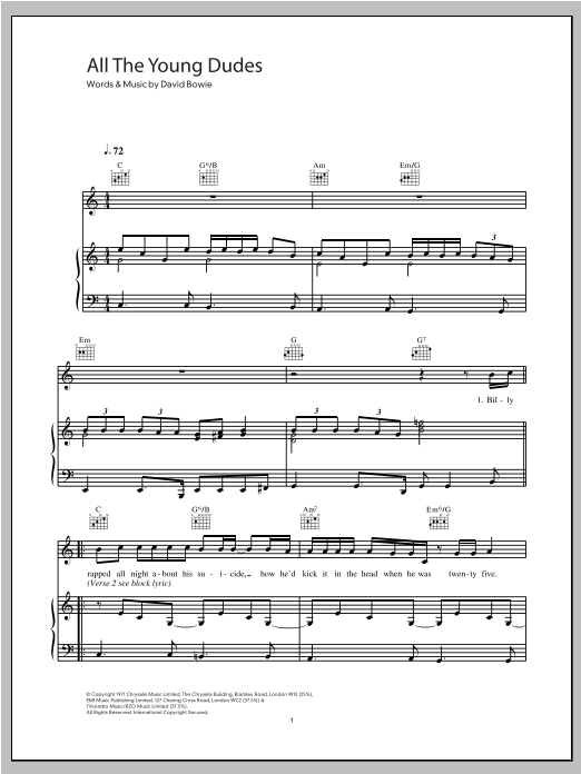 David Bowie All The Young Dudes Sheet Music Notes & Chords for Melody Line, Lyrics & Chords - Download or Print PDF