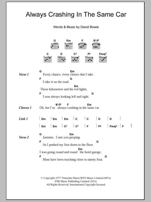 David Bowie Always Crashing In The Same Car Sheet Music Notes & Chords for Lyrics & Chords - Download or Print PDF