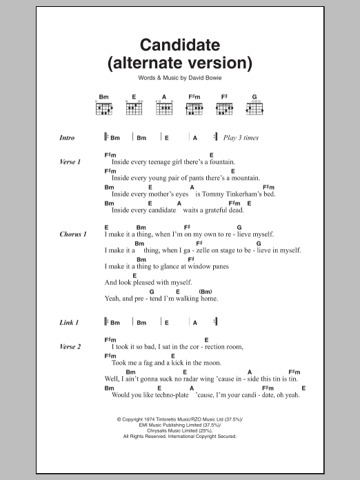 David Bowie Candidate Sheet Music Notes & Chords for Lyrics & Chords - Download or Print PDF