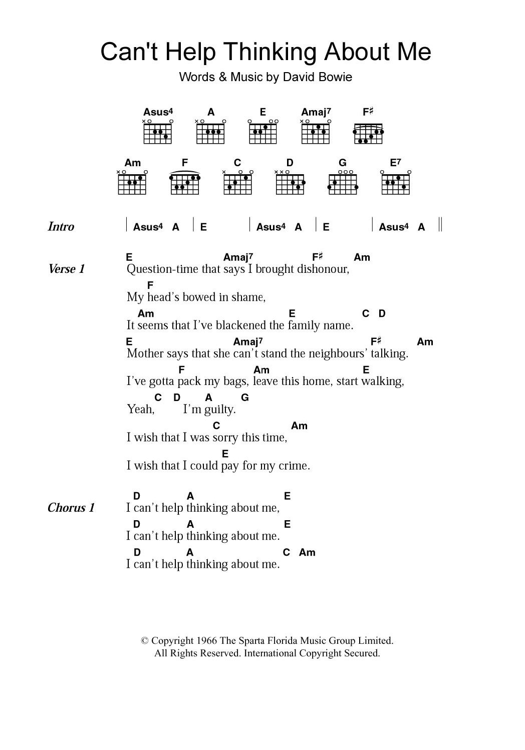 David Bowie Can't Help Thinking About Me Sheet Music Notes & Chords for Lyrics & Chords - Download or Print PDF