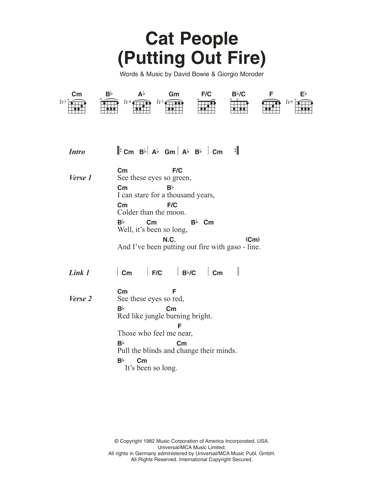David Bowie Cat People (Putting Out Fire) Sheet Music Notes & Chords for Lyrics & Chords - Download or Print PDF