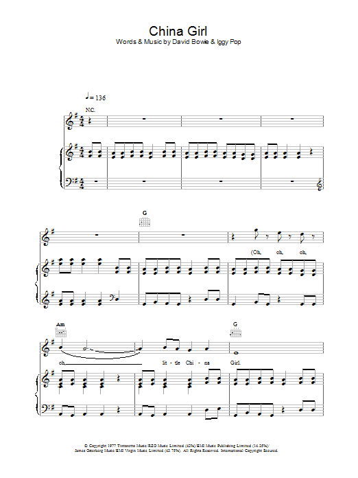 David Bowie China Girl Sheet Music Notes & Chords for Lyrics & Chords - Download or Print PDF
