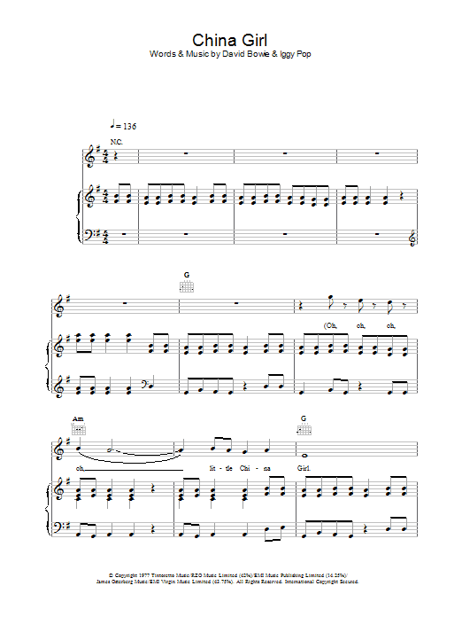 David Bowie China Girl sheet music notes and chords. Download Printable PDF.