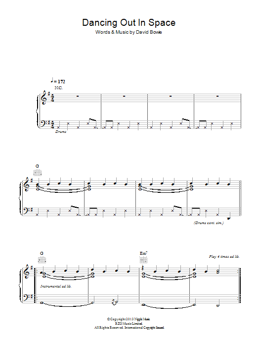 David Bowie Dancing Out In Space Sheet Music Notes & Chords for Piano, Vocal & Guitar (Right-Hand Melody) - Download or Print PDF