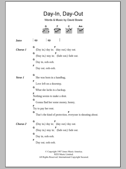 David Bowie Day-In Day-Out Sheet Music Notes & Chords for Lyrics & Chords - Download or Print PDF