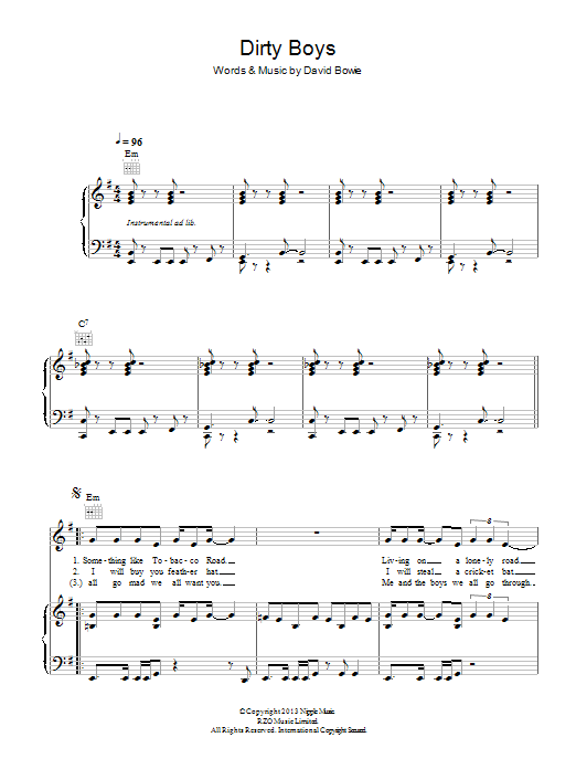 David Bowie Dirty Boys Sheet Music Notes & Chords for Piano, Vocal & Guitar (Right-Hand Melody) - Download or Print PDF