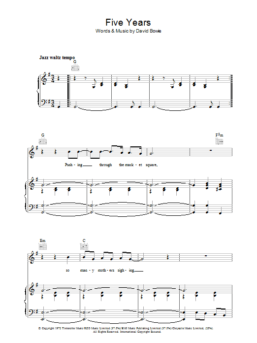 David Bowie Five Years Sheet Music Notes & Chords for Lyrics & Chords - Download or Print PDF