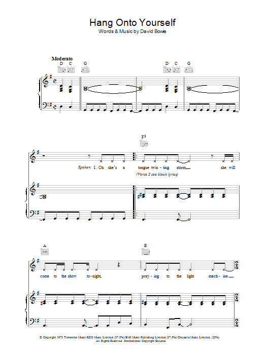 David Bowie Hang Onto Yourself Sheet Music Notes & Chords for Piano, Vocal & Guitar - Download or Print PDF