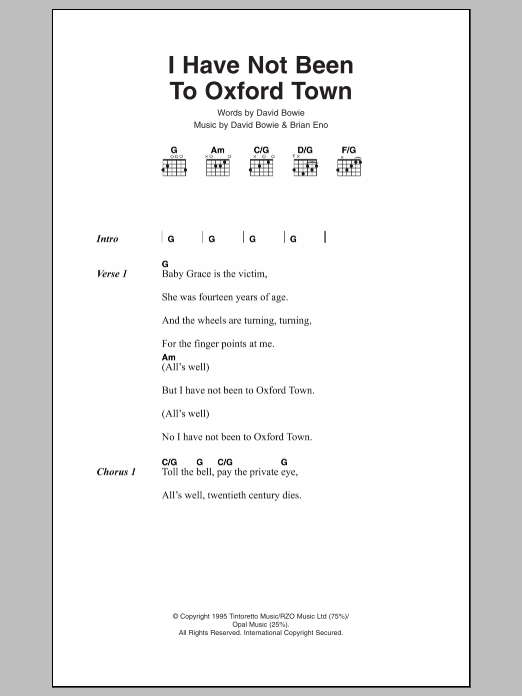 David Bowie I Have Not Been To Oxford Town Sheet Music Notes & Chords for Lyrics & Chords - Download or Print PDF
