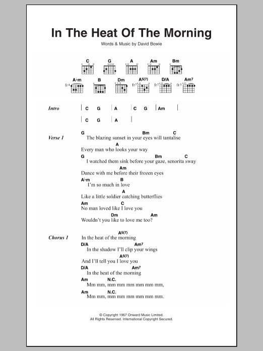 David Bowie In The Heat Of The Morning Sheet Music Notes & Chords for Lyrics & Chords - Download or Print PDF